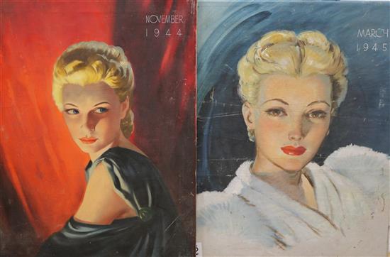 A pair of unframed oil portraits - cover designs for Britannia and Eve magazine